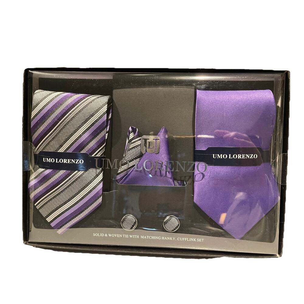 Umo Lorenzo Solid Woven Tie Set W/ Matching Hanky, Cuff Link Set - Purple